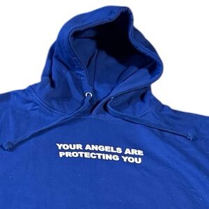 Yours Truly Phora Hoodie Your Angels are Protecting You Size Large Blue Unisex